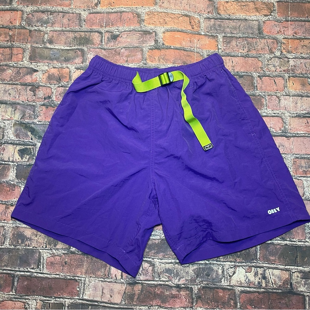 Obey Men's Purple Nylon Belted Relaxed Shorts Size Small Good Condition
